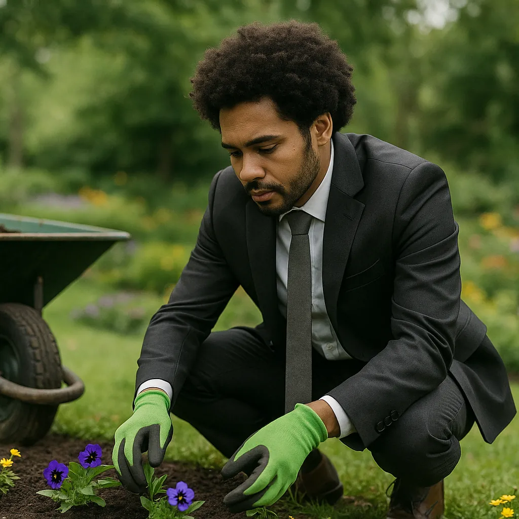 A man in a suit kneeling to tend a garden