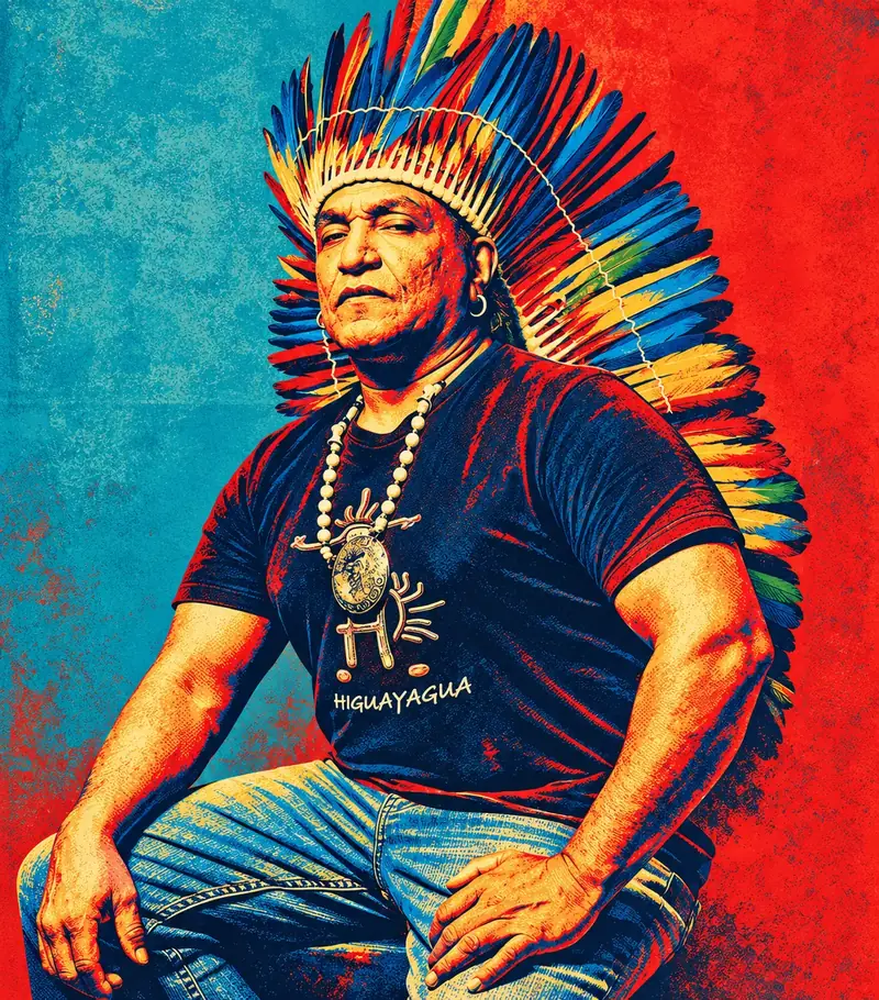 Cacique Jorge Baracutei Estévez of the Higuayagua Taíno, seated in a feathered headdress and Higuayagua T-shirt