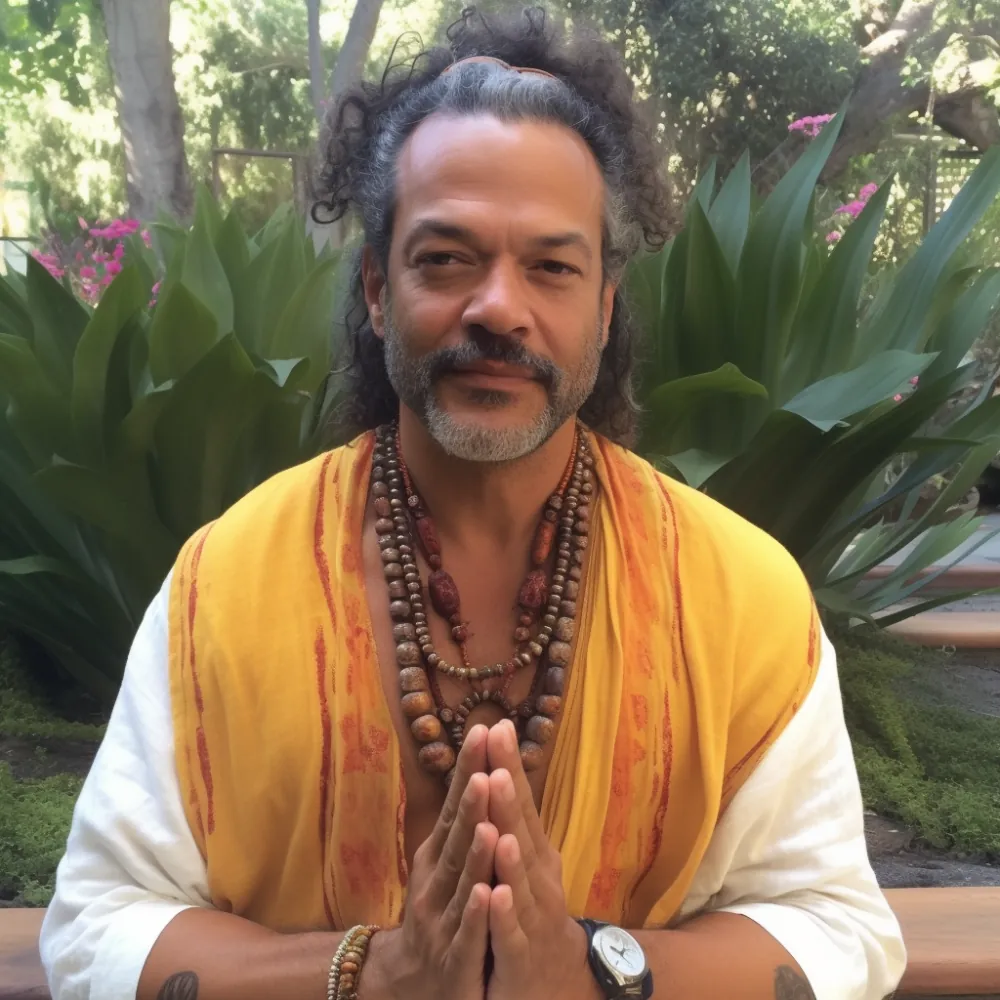 A smiling teacher in a saffron shawl with hands in prayer