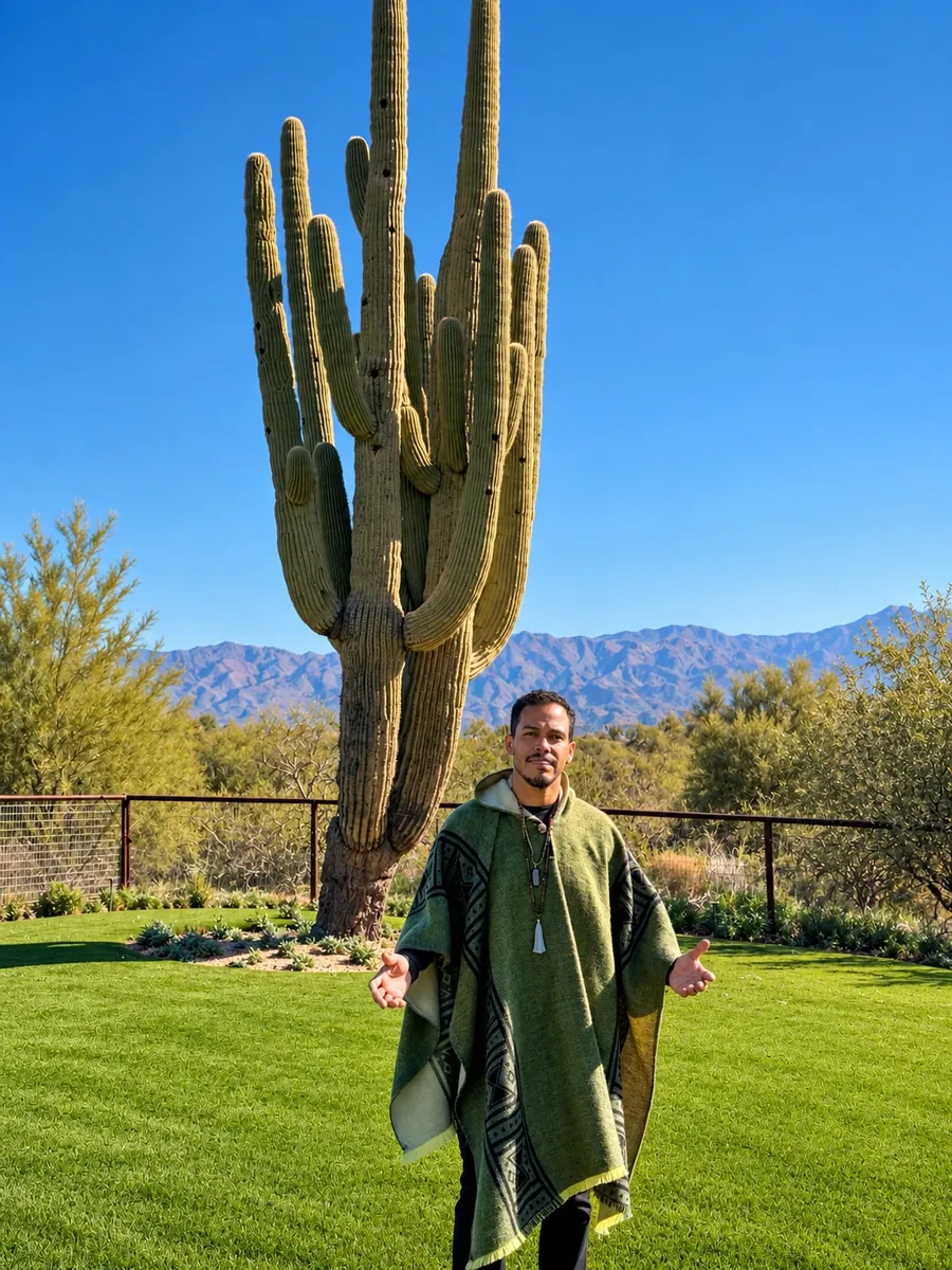 Robert Solano in a green poncho standing before a giant saguaro cactus in the Arizona desert