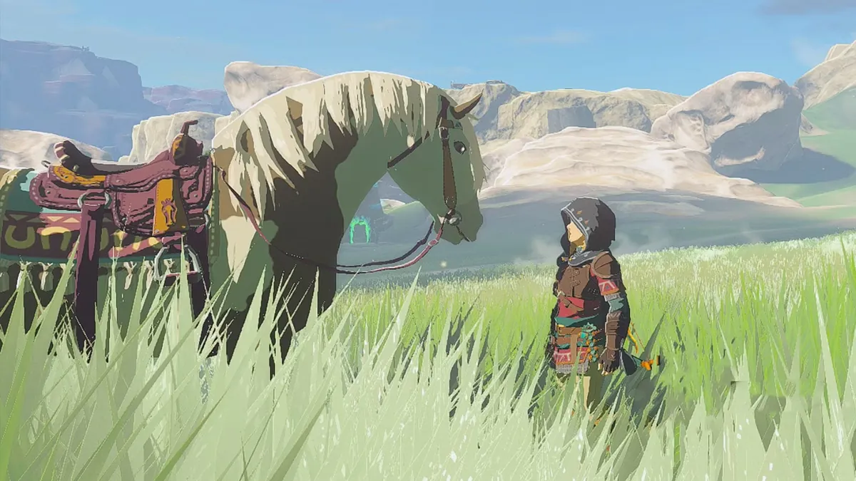 Link and his horse in an open field in The Legend of Zelda: Breath of the Wild
