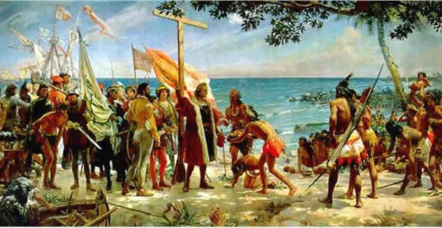 Painting of Christopher Columbus arriving in the Caribbean and meeting the Taíno people