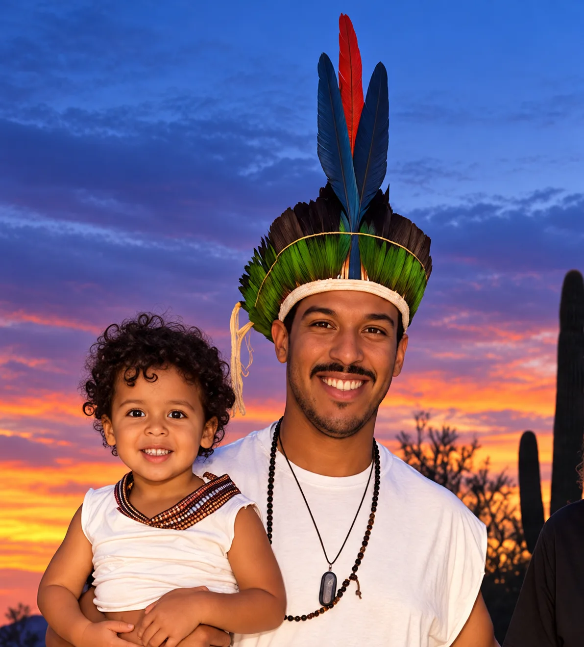 Robert Solano and his son at sunset in the Arizona desert, Robert wearing a feathered Taíno cachucha