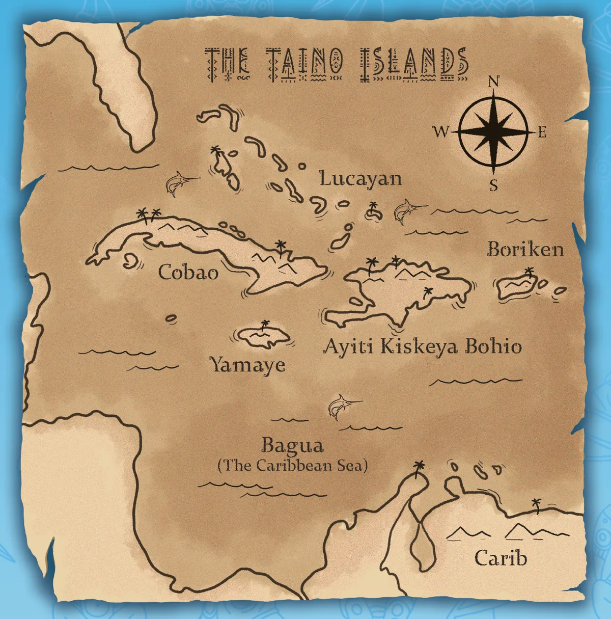 Illustrated map of the Taíno islands of the Caribbean, including Boriken (Puerto Rico), Ayiti (Hispaniola), and Cuba