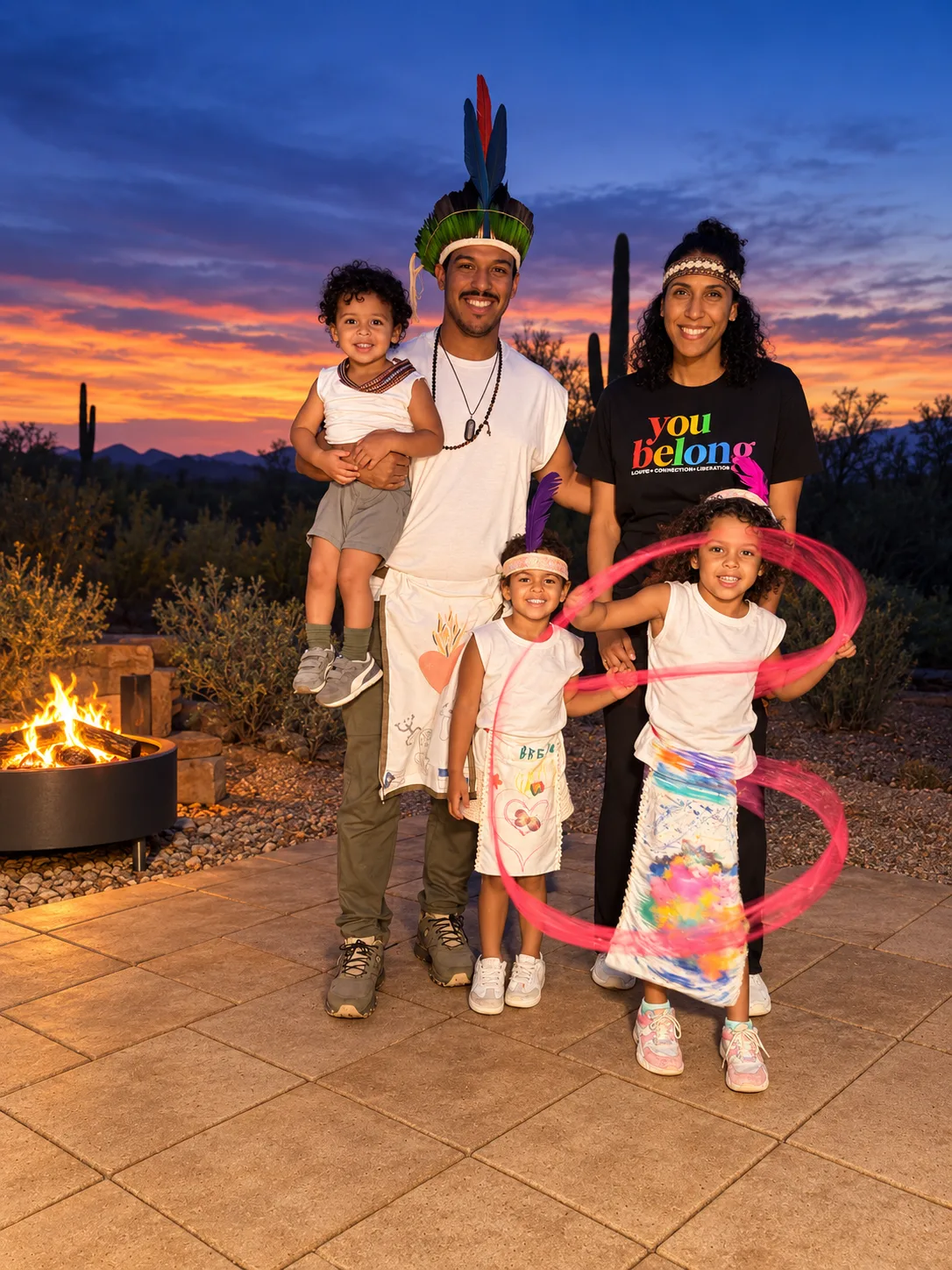 Robert Solano and his family at sunset in the Arizona desert, wearing handmade Taíno naguas and cachuchas